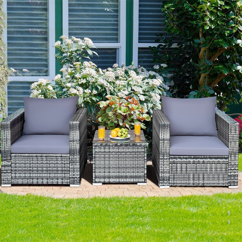 3 Pieces Outdoor Wicker Furniture Set Patio Rattan Sofa Set with Washable Cushion