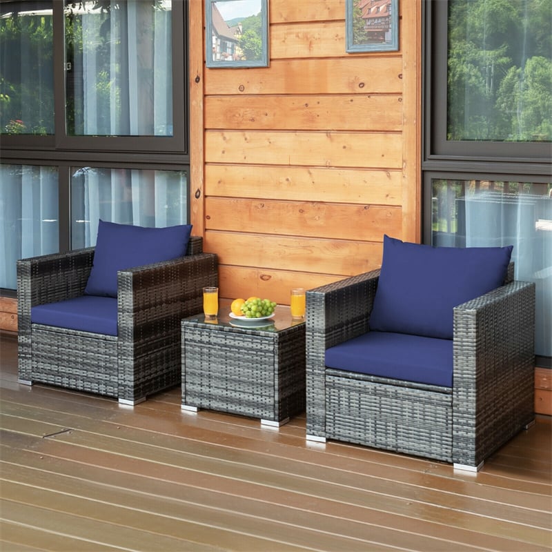 3 Pieces Outdoor Wicker Furniture Set Patio Rattan Sofa Set with Washable Cushion