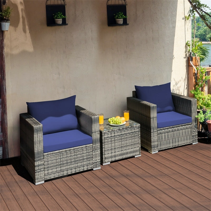 3 Pieces Outdoor Wicker Furniture Set Patio Rattan Sofa Set with Washable Cushion