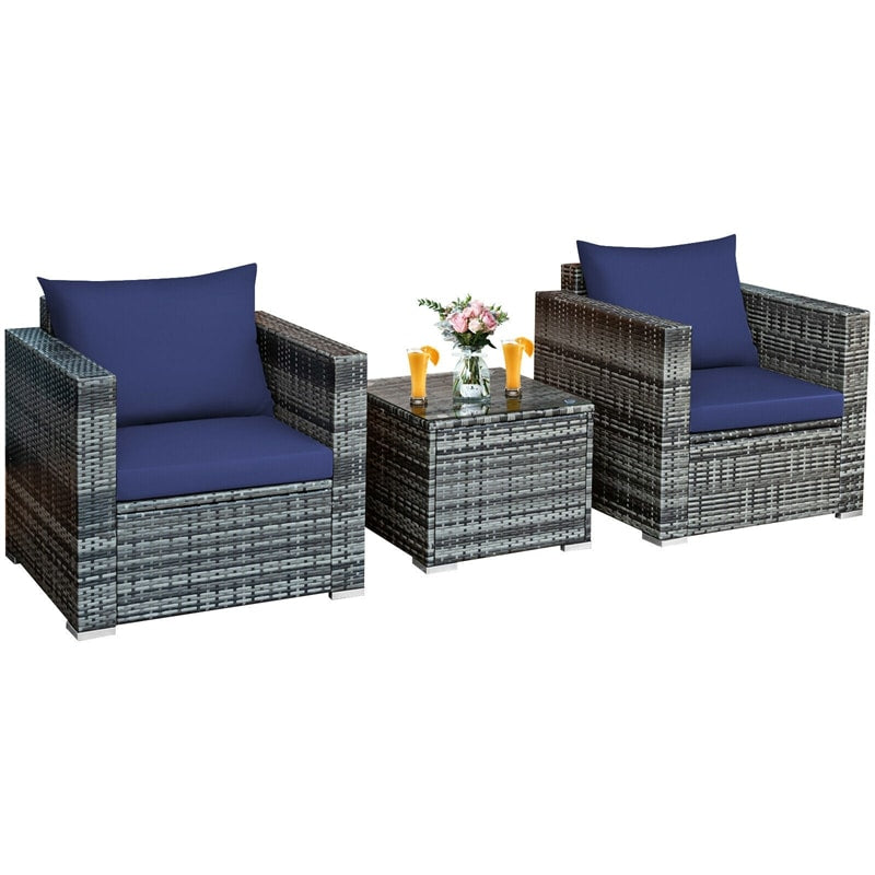 3 Pieces Outdoor Wicker Furniture Set Patio Rattan Sofa Set with Washable Cushion