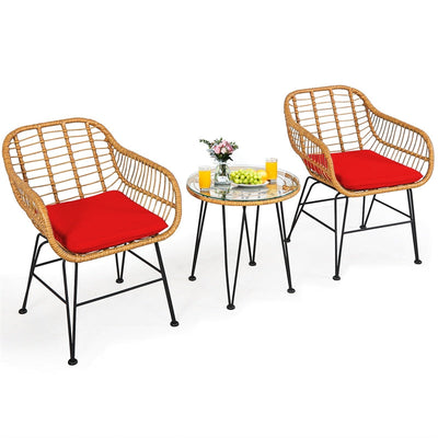 3 Piece Patio Rattan Bistro Set Wicker Conversation Set with Glass Coffee Table and Cushioned Armchairs