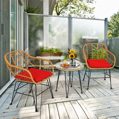 3 Piece Patio Rattan Bistro Set Wicker Conversation Set with Glass Coffee Table and Cushioned Armchairs