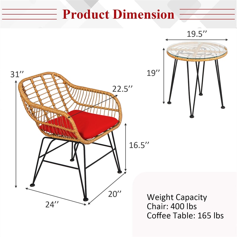 3 Piece Patio Rattan Bistro Set Wicker Conversation Set with Glass Coffee Table and Cushioned Armchairs