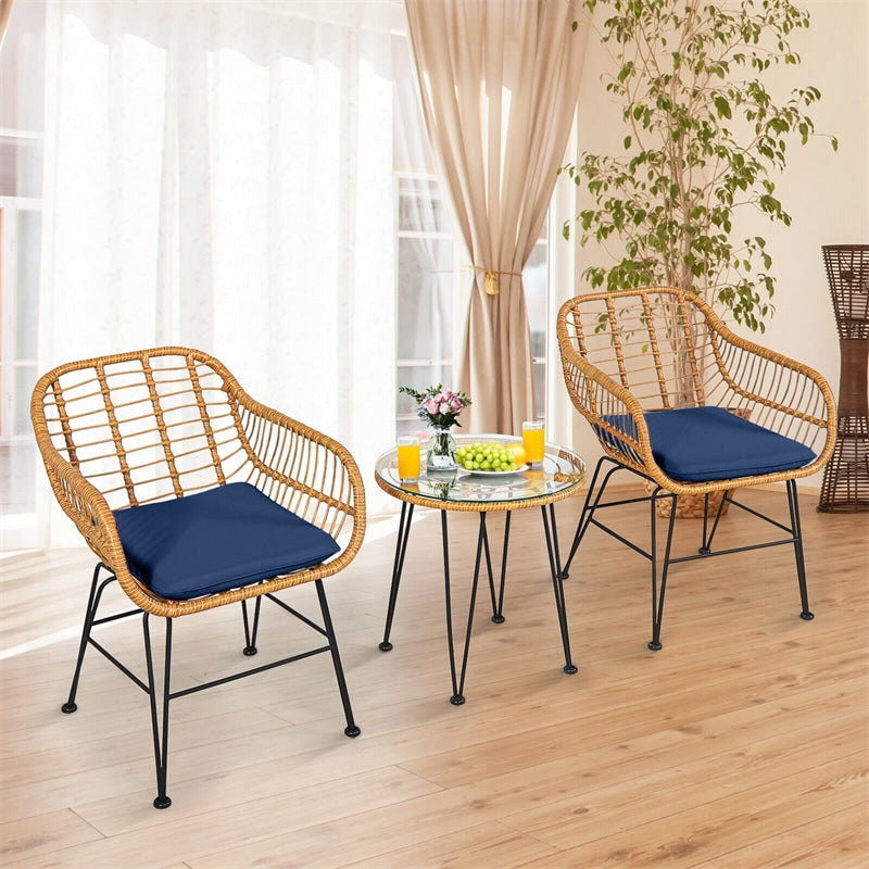 3 Piece Patio Rattan Bistro Set Wicker Conversation Set with Glass Coffee Table and Cushioned Armchairs