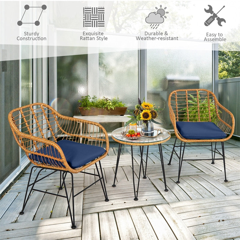 3 Piece Patio Rattan Bistro Set Wicker Conversation Set with Glass Coffee Table and Cushioned Armchairs