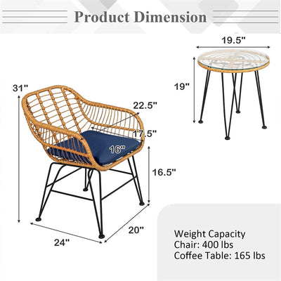 3 Piece Patio Rattan Bistro Set Wicker Conversation Set with Glass Coffee Table and Cushioned Armchairs