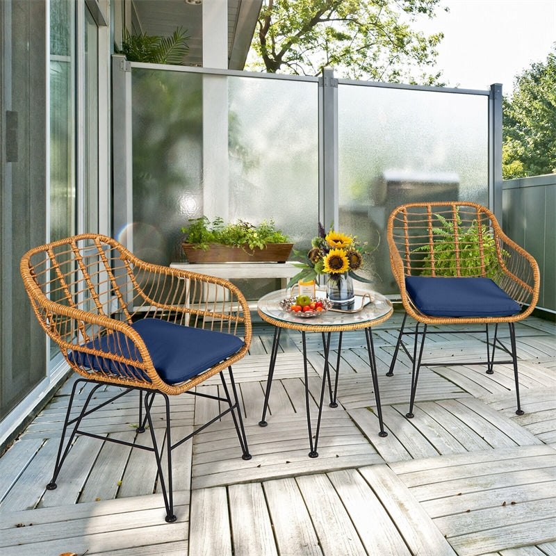 3 Piece Patio Rattan Bistro Set Wicker Conversation Set with Glass Coffee Table and Cushioned Armchairs