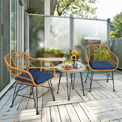 3 Piece Patio Rattan Bistro Set Wicker Conversation Set with Glass Coffee Table and Cushioned Armchairs