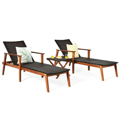 3 Piece Wicker Outdoor Lounge Chair Set Acacia Wood Chaise with Folding Side Table