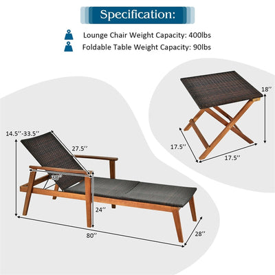 3 Piece Wicker Outdoor Lounge Chair Set Acacia Wood Chaise with Folding Side Table