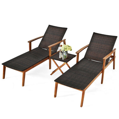 3 Piece Wicker Outdoor Lounge Chair Set Acacia Wood Chaise with Folding Side Table