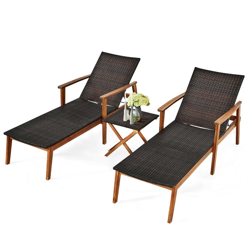 3 Piece Wicker Outdoor Lounge Chair Set Acacia Wood Chaise with Folding Side Table