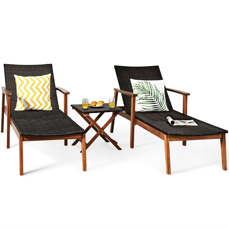 3 Piece Wicker Outdoor Lounge Chair Set Acacia Wood Chaise with Folding Side Table