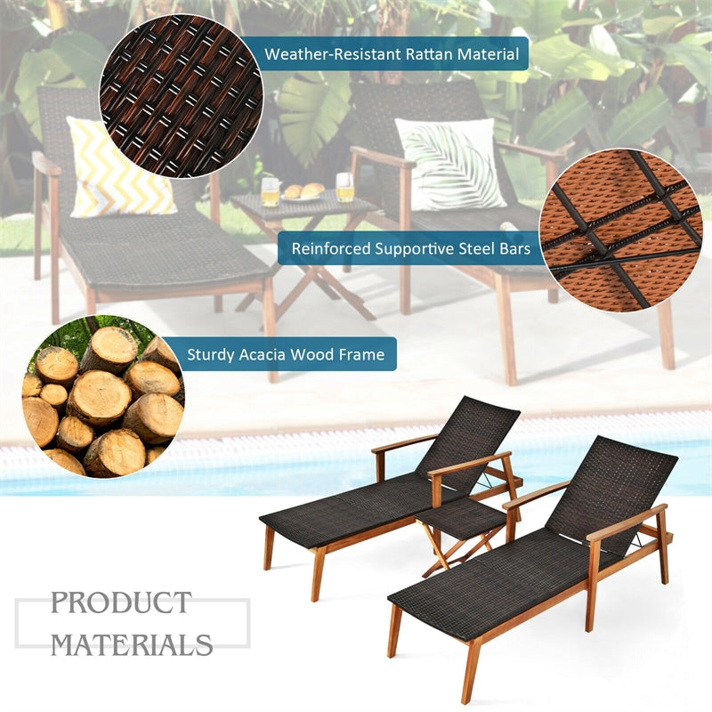 3 Piece Wicker Outdoor Lounge Chair Set Acacia Wood Chaise with Folding Side Table