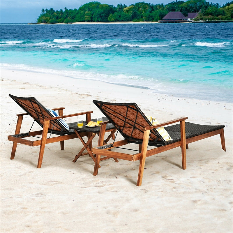 3 Piece Wicker Outdoor Lounge Chair Set Acacia Wood Chaise with Folding Side Table