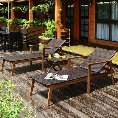3 Piece Wicker Outdoor Lounge Chair Set Acacia Wood Chaise with Folding Side Table