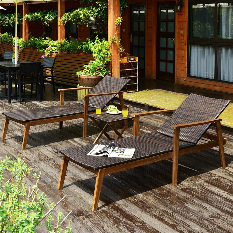 3 Piece Wicker Outdoor Lounge Chair Set Acacia Wood Chaise with Folding Side Table