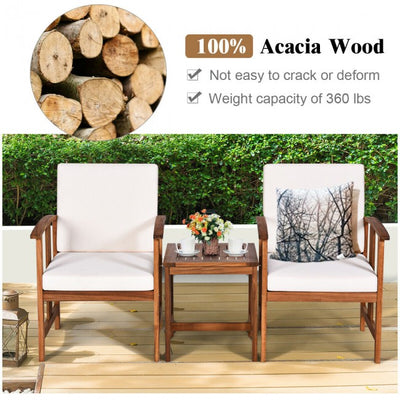 3 Pieces Outdoor Acacia Wood Sectional Conversation Sofa Set Patio Furniture Set with Padded Cushions