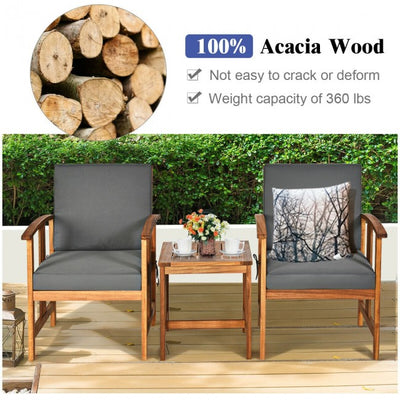 3 Pieces Outdoor Acacia Wood Sectional Conversation Sofa Set Patio Furniture Set with Padded Cushions