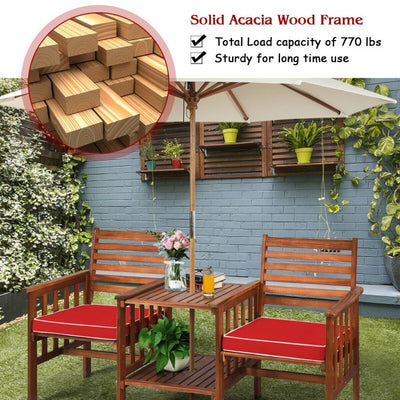 3 Pieces Outdoor Acacia Wood Table Chairs Set Patio Loveseat Conversation Set with Cushions and Umbrella Hole