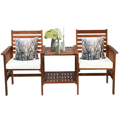 3 Pieces Outdoor Acacia Wood Table Chairs Set Patio Loveseat Conversation Set with Cushions and Umbrella Hole