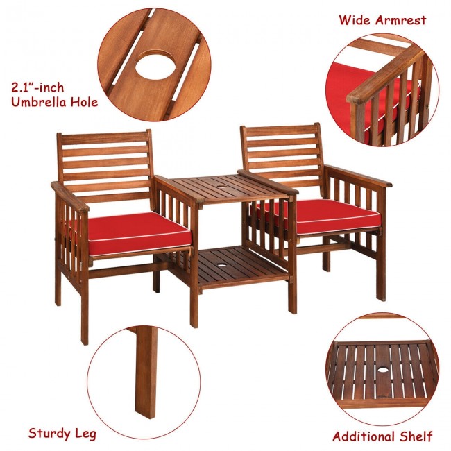 3 Pieces Outdoor Acacia Wood Table Chairs Set Patio Loveseat Conversation Set with Cushions and Umbrella Hole