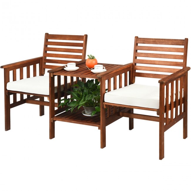 3 Pieces Outdoor Acacia Wood Table Chairs Set Patio Loveseat Conversation Set with Cushions and Umbrella Hole