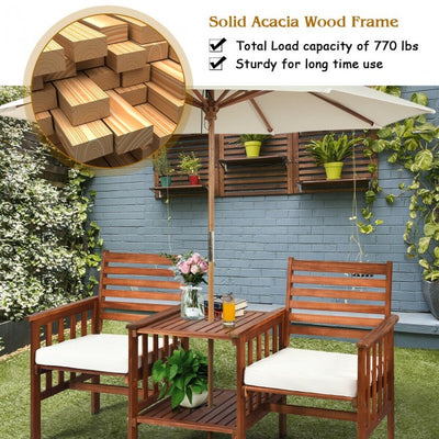 3 Pieces Outdoor Acacia Wood Table Chairs Set Patio Loveseat Conversation Set with Cushions and Umbrella Hole