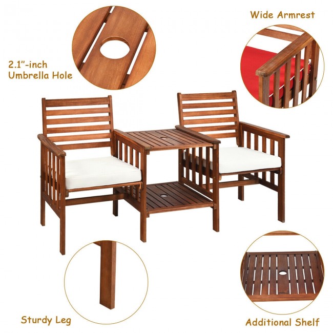 3 Pieces Outdoor Acacia Wood Table Chairs Set Patio Loveseat Conversation Set with Cushions and Umbrella Hole