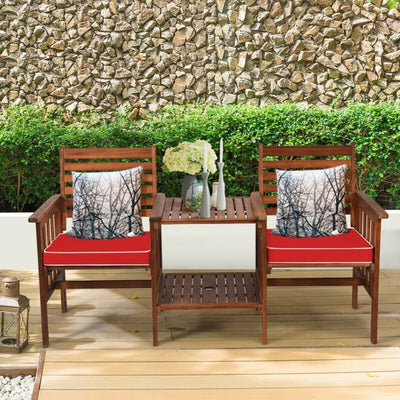 3 Pieces Outdoor Acacia Wood Table Chairs Set Patio Loveseat Conversation Set with Cushions and Umbrella Hole