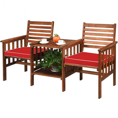 3 Pieces Outdoor Acacia Wood Table Chairs Set Patio Loveseat Conversation Set with Cushions and Umbrella Hole