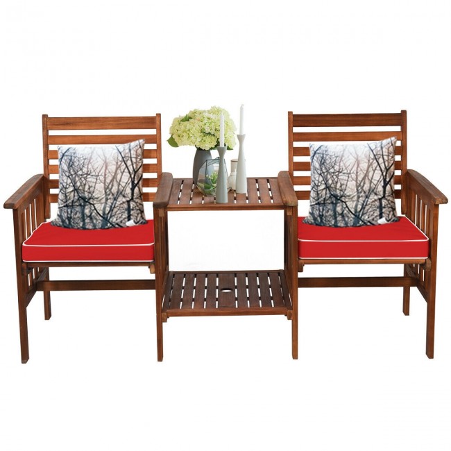 3 Pieces Outdoor Acacia Wood Table Chairs Set Patio Loveseat Conversation Set with Cushions and Umbrella Hole