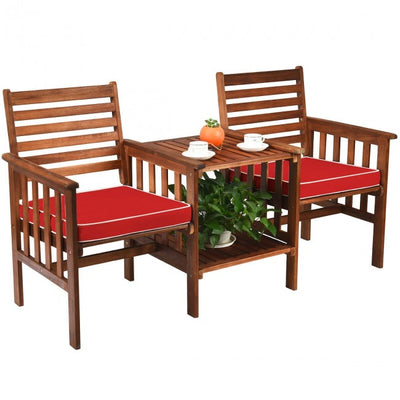 3 Pieces Outdoor Acacia Wood Table Chairs Set Patio Loveseat Conversation Set with Cushions and Umbrella Hole