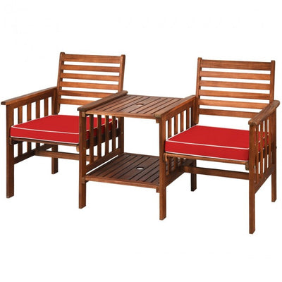 3 Pieces Outdoor Acacia Wood Table Chairs Set Patio Loveseat Conversation Set with Cushions and Umbrella Hole