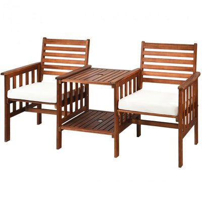 3 Pieces Outdoor Acacia Wood Table Chairs Set Patio Loveseat Conversation Set with Cushions and Umbrella Hole