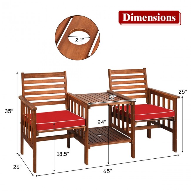 3 Pieces Outdoor Acacia Wood Table Chairs Set Patio Loveseat Conversation Set with Cushions and Umbrella Hole