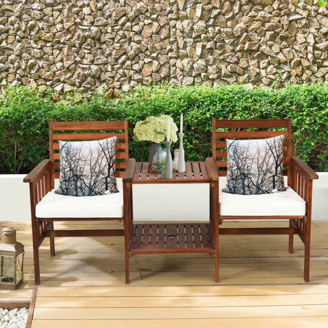 3 Pieces Outdoor Acacia Wood Table Chairs Set Patio Loveseat Conversation Set with Cushions and Umbrella Hole