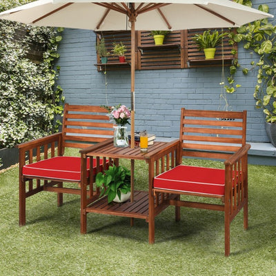 3 Pieces Outdoor Acacia Wood Table Chairs Set Patio Loveseat Conversation Set with Cushions and Umbrella Hole