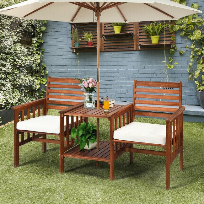 3 Pieces Outdoor Acacia Wood Table Chairs Set Patio Loveseat Conversation Set with Cushions and Umbrella Hole