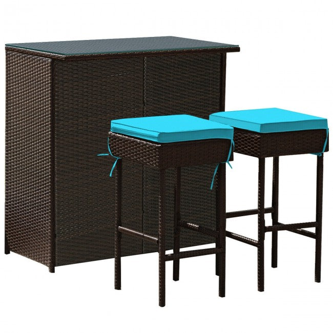 3 Pieces Outdoor Rattan Dining Set Patio Wicker Bar Set with Stools and Table