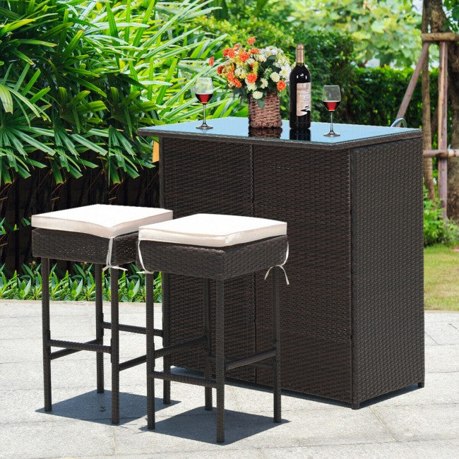 3 Pieces Outdoor Rattan Dining Set Patio Wicker Bar Set with Stools and Table