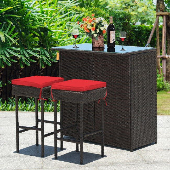 3 Pieces Outdoor Rattan Dining Set Patio Wicker Bar Set with Stools and Table