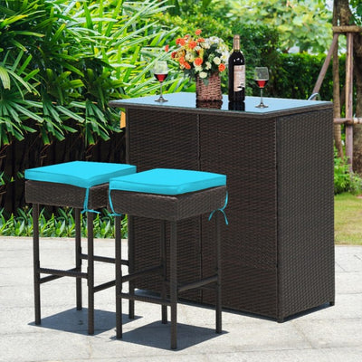 3 Pieces Outdoor Rattan Dining Set Patio Wicker Bar Set with Stools and Table