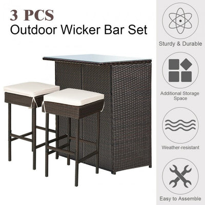 3 Pieces Outdoor Rattan Dining Set Patio Wicker Bar Set with Stools and Table