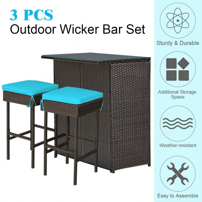 3 Pieces Outdoor Rattan Dining Set Patio Wicker Bar Set with Stools and Table