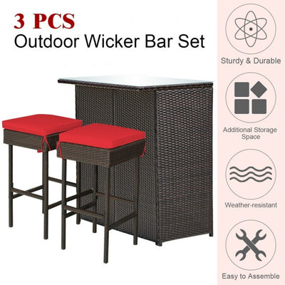 3 Pieces Outdoor Rattan Dining Set Patio Wicker Bar Set with Stools and Table