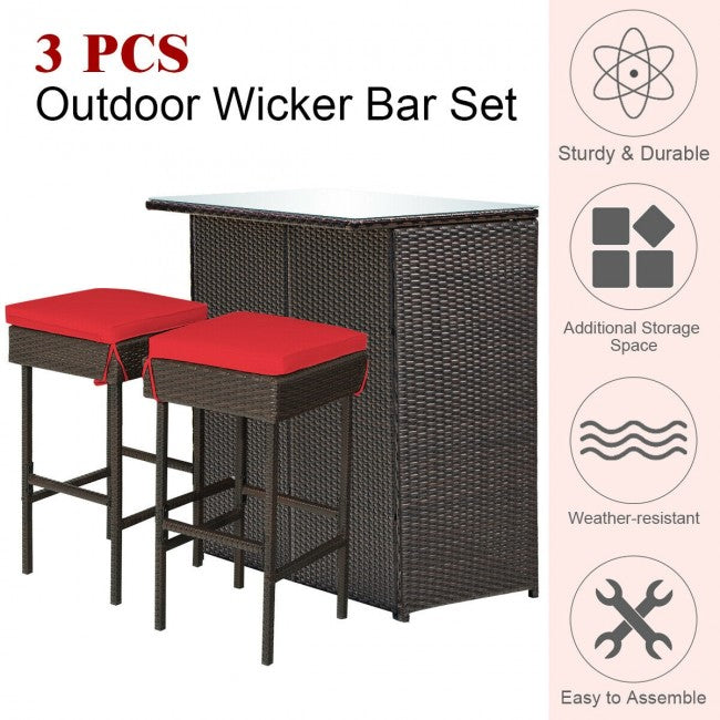 3 Pieces Outdoor Rattan Dining Set Patio Wicker Bar Set with Stools and Table