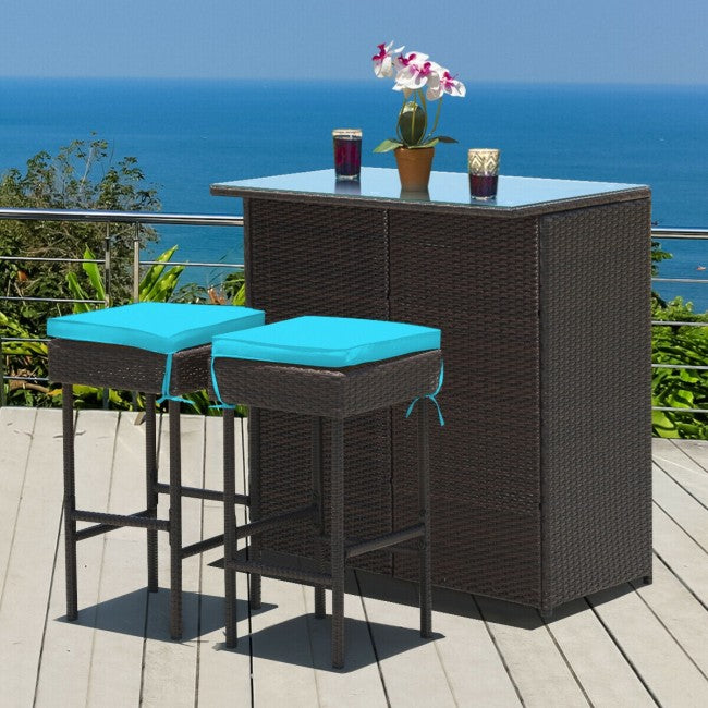 3 Pieces Outdoor Rattan Dining Set Patio Wicker Bar Set with Stools and Table