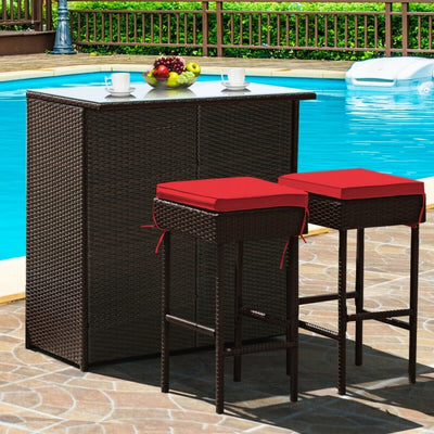 3 Pieces Outdoor Rattan Dining Set Patio Wicker Bar Set with Stools and Table