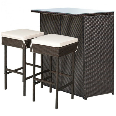 3 Pieces Outdoor Rattan Dining Set Patio Wicker Bar Set with Stools and Table